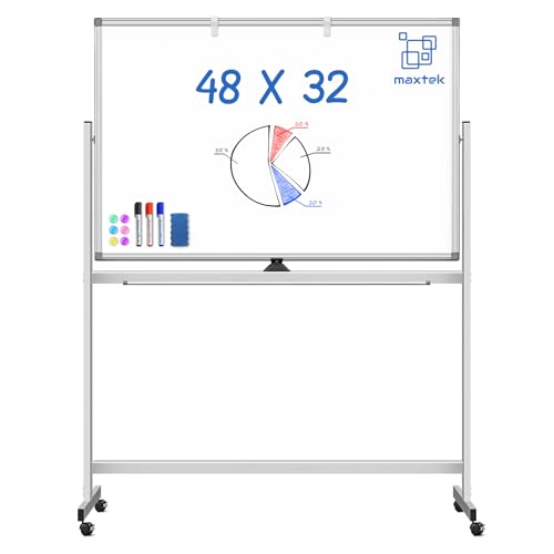 Large Rolling White Board, 48 x 32 inches Double-Sided Mobile Whiteboard, maxtek Reversible Magnetic Dry Erase Board Easel Standing Whiteboard on Wheels for Home Office Classroom School, Silver