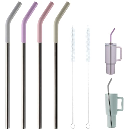 Replacement Straws for 40oz Tumblers,Metal Straws Reusable for Stanley 40oz Cup, 40 oz Tumbler Straw for Simple Modern,4 Pack 12' Extra Long Stainless Steel Straws with Silicone Tips and Cleaner Brush