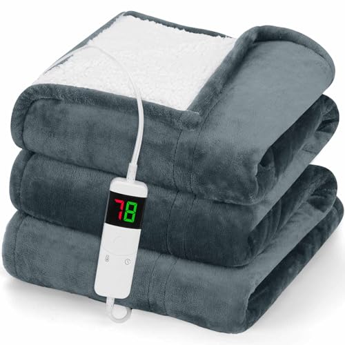 greenoak Electric Heated Throw Blanket, 50“ x 62”, Thick Soft Warming Plush Lap, Sherpa for Adults with 5-Position Timer &10 Heating Levels,Machine Washable(Dark Grey)