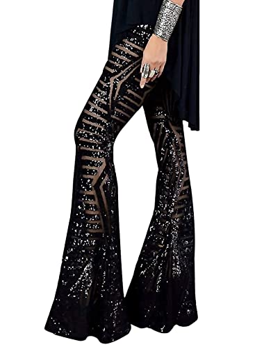 AZOKOE Women Glitter Sequin High Waist Flare Pants Bell Bottoms Party Cocktail Long Panty Black XL 16 18
