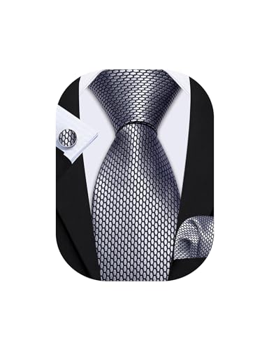 Barry.Wang Men Tie Set Plaid Silver Grey Black Silk Necktie Woven Business Formal Hanky Cufflinks Fashion Wedding Party