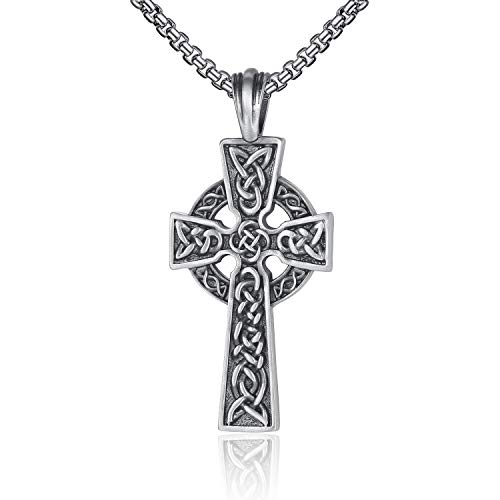 EVBEA Mens Necklace Viking Celtic Irish Knot Serenity Prayer Pendant Crucifix Men Jewelry with Black Genuine Leather Cord Chain(Celtic Collection-1)