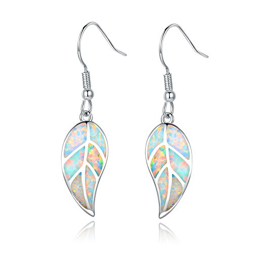 Barzel White Gold Plated Created White Opal Leaf Drop Earrings (Silver White Opal)