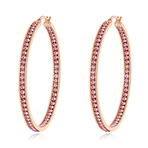 Ladies Rose Gold Hoop Earring for Women-Stainless Steel Pink Cubic Zirconia Earrings Large Big Hoop Earrings