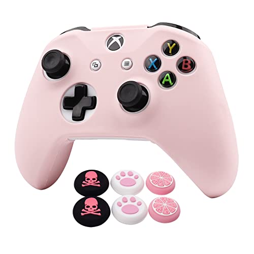 RALAN Pink Controller Skins for Xbox One，Silicone Controller Cover Skin Protector Compatible for Xbox Ones Controller (Pink Pro Thumb Grip x 2,Cat + Skull Cap &Cover Grip x 2)(Pink Emerald)