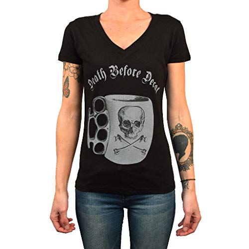Annex Women's Death Before Decaf Coffee Cup Skull Brass Knuckles T-Shirt Tee