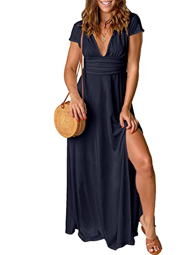 ANRABESS Women's Sexy Deep V Neck Short Sleeve Elegant Formal Gown Dresses High Waist Slit Club Party Evening Cockatil Maxi Long Dress for Wedding Guest 529-zangqing-M Navy Blue