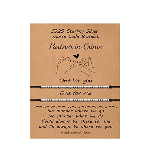 Partner in Crime Friend Gifts for Women, 925 Sterling Silver Morse Code Bracelets Pinky Promise Couple Distance Matching Friendship Bracelets Jewelry for 2 Pieces Birthday Gifts Partner in Crime Gifts