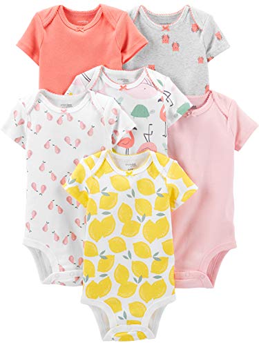 Simple Joys by Carter's Baby Girls' Short-Sleeve Bodysuit, Pack of 6, Multicolor/Birds/Fruit/Lemon/Turtle, 6-9 Months