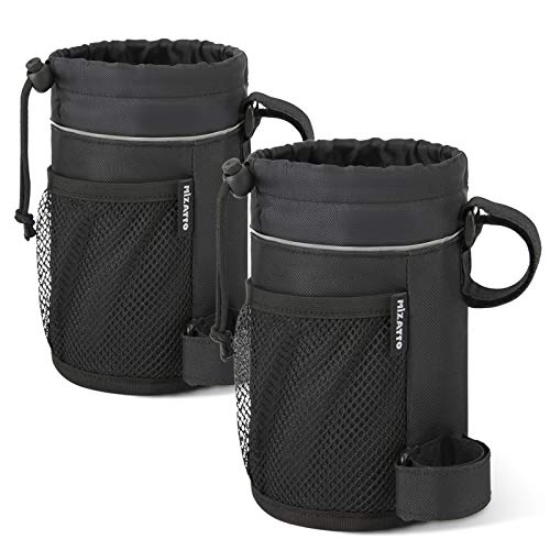 MIZATTO Bike Cup Holder - 2 Pack Water Bottle for Universal Holders Bike, Boat, UTV/ATV, Scooter, Wheelchair etc Cage with Net Pocket and Cord Lock (Black)