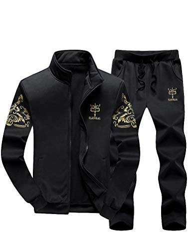 PASOK Men's Casual Tracksuit Full Zip Running Jogging Athletic Sports Jacket And Pants Set Black 2XL