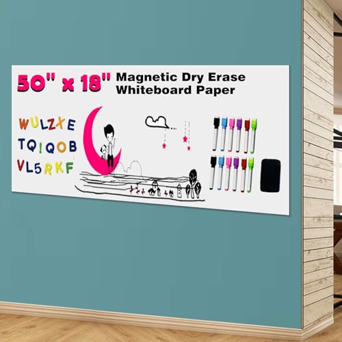 LACQWO Magnetic Dry Erase Whiteboard Paper for Wall 50' x 18' Self Adhesive White Board Sticker with 12 Magnetic Marker and Magnetic Eraser for Kids Office Home Whiteboard Wallpaper Peel and Stick