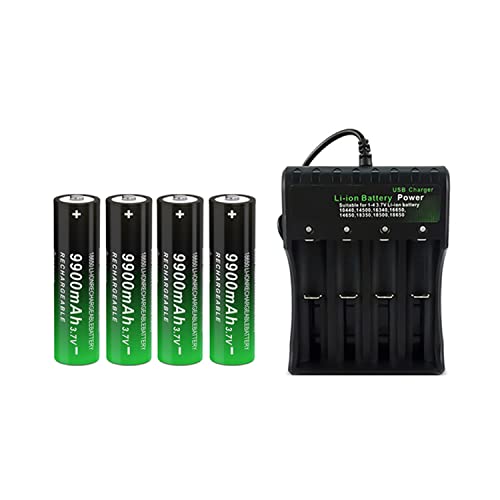 CWUU 3.7V 18650 Rechargeable Battery & 4Bay Charger, 9900mAh Button Top Battery, 4 PCS & 4Bay Charger