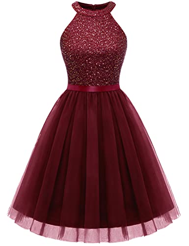 Dressystar Women's Short Sequin Tulle Halter Homecoming Cocktail Party Dress SQ68 Burgundy S