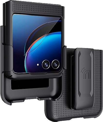 Case with Clip for Motorola RAZR+ 2023, Nakedcellphone [Grid Texture] Slim Hard Shell Cover and [Rotating/Ratchet] Belt Hip Holster Holder Combo for Moto RAZR Plus '23 (RAZR 40 Ultra) - Black