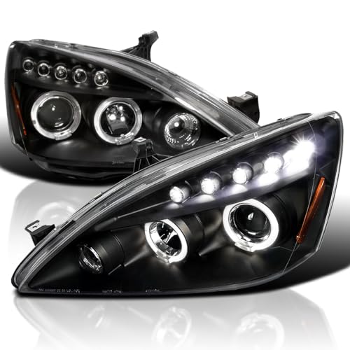 Spec-D Tuning Halo Projector Headlights LED Black Compatible with 2003-2007 Honda Accord 2/4Dr Left + Right Pair Headlamps Assembly