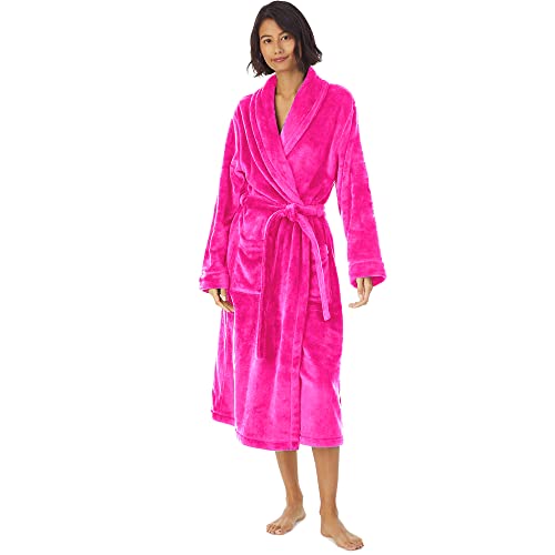 HOLOVE Women Fleece Shawl Collar Robes Warm Plush Terry Cloth Bathrobe Spa Nightwear (Rose, S/M)
