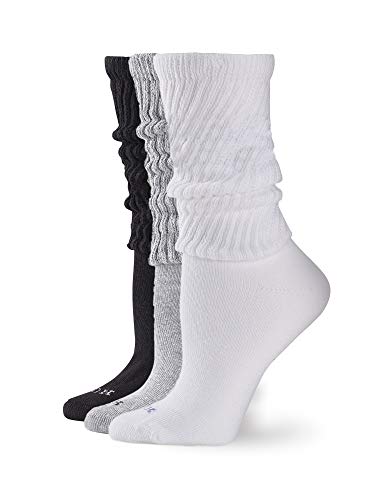 HUE Women's Slouch 3 Pair Pack Socks, White/Light Charcoal Heather/Black, One Size US