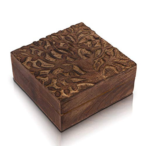Great Birthday Gift Handmade Decorative Wooden Jewelry Box Tree Of Life Carving Jewelry Organizer Keepsake Box Treasure Chest Trinket Holder Watch Box Storage Lock Box 6 x 6 Inches Housewarming Gifts