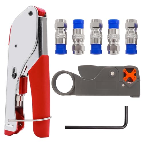 mxuteuk RG59 RG6 Coax Cable Crimper Tool Coaxial Compression Tool Fitting Wire Stripper With 5PCS F Type RG6 Compression Connectors