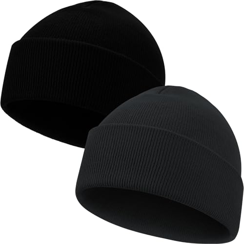 LAKIBOLE 2 Pack Beanies for Men Rib-Knit Hats for Women Spring Summer Autumn Winter Slouchy Beanie for Teenage (Black&Gray)