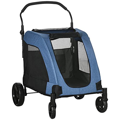 PawHut Pet Stroller Universal Wheel with Storage Basket Ventilated Oxford Fabric for Medium Size Dogs, Blue