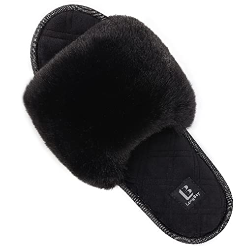 LongBay Women's Fuzzy Faux Fur Memory Foam Cozy Flat Spa Slide Slippers Comfy Open Toe Slip On House Shoes Sandals (Medium / 7-8, Black)