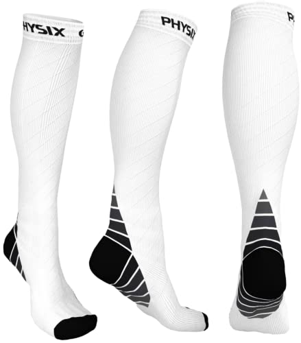 Physix Gear Compression Socks 20-30 mmHg - Men & Women - Running, Nurses, Shin Splints, Flight, Travel (WHITE-L/XL)