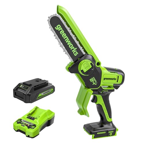Greenworks 24V 6' Brushless Mini Chainsaw, Small Cordless Handheld Saw (Great For Tree Branches, Pruning, and Camping), 2.0Ah Battery and Charger Included