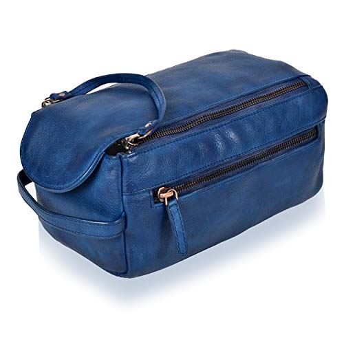 Large Blue Leather Toiletry Bag for Men/Womens, Travel Toiletry Kit/Organizer