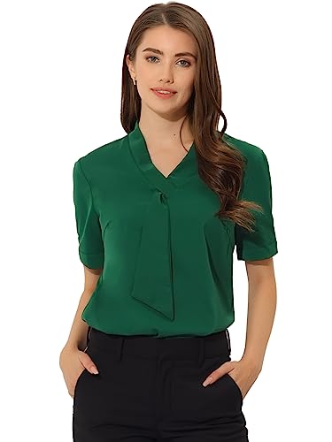 Allegra K 2023 Summer Office Tops for Women's Short Sleeve Chiffon Tie Neck Blouse Large Dark Green