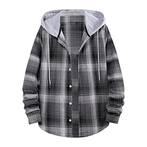 WENKOMG1 Mens Hooded Shirt,Casual Winter Fall Fashion Trendy Plaid Shirt Button Up Long Sleeve Classic Basic Blouse,Gift For Men Hoodies For Men With Designs Mens Fashion(A-Gray,Large)