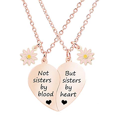 MJartoria BFF Necklace for 2-Split Heart Necklace Not Sisters by Blood Pendant Best Friend Friendship Necklace Set of 2 Valentines Day Gifts for Her(Rose Gold, A-Daisy)
