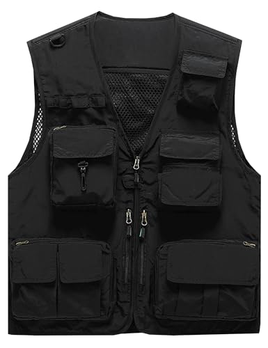 Flygo Men's Casual Lightweight Outdoor Fishing Work Safari Travel Photo Cargo Vest Jacket Multi Pockets(Large, Black)