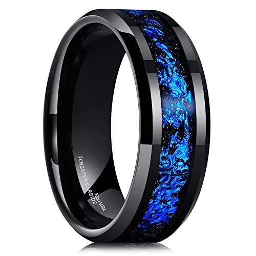 King Will Mens 8mm Black Tungsten Carbide Wedding Ring Blue Foils Inlay Tungsten Ring Beveled Edge Tungsten Ring 10