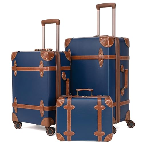 NZBZ Vintage Luggage Sets for Women Men, Retro Suitcase, Cute Vintage Trunk Luggage 3 Pieces, Vintage Suitcase Set for Travel with TSA Lock (Navy Blue, 14' & 20' & 28')