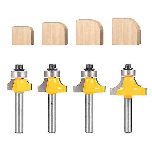 TOTOWOOD Roundover Router Bit Set，4pcs Router bit Set，1/4 inch Shank，Radius in 1/8', 1/4', 3/16', 5/16'，Bearing Guide for Rounding Edge bit