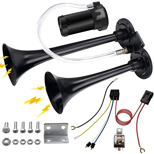 12V Car Air Horn, 150DB Super Loud Train Air Horn Kit for Truck Car, Chrome Plated Zinc Dual Trumpet Air Horns with Compressor for Any 12V Vehicles Trucks Motorcycle Pickup Trains Cars Boats (Black)