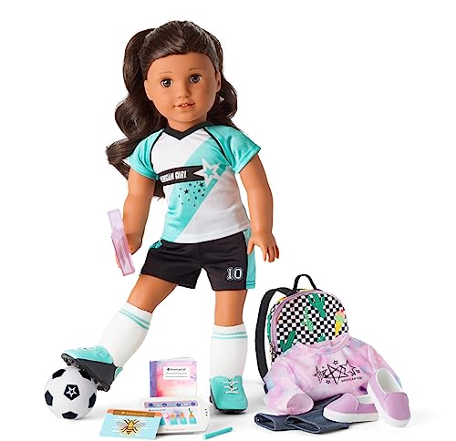 American Girl Truly Me 18-inch Doll 82 and School Day to Soccer Play Set with Brown Eyes, Curly Dark-Brown Hair, tan Skin with Warm Neutral Undertones, tie-dye Sweatshirt, Supplies, Game Gear Ages 6+