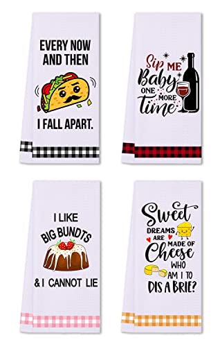 LXOMILL Funny Kitchen Towels, Cute Decorative Dish Towels Sets, Absorbent Waffle Hand Towels, Housewarming Gifts for New Home, Women, Mom, Set of 4, Funny House Warming Presents, Hostess Gifts