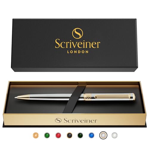 Scriveiner Silver Chrome Ballpoint Pen - Stunning Luxury Pen with 24K Gold Finish, Schmidt Black Refill, Best Ball Pen Gift Set for Men & Women, Professional, Executive, Office, Nice, Fancy Pens