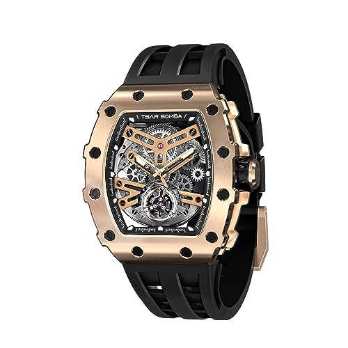 TSAR BOMBA Mens Luxury Watch Automatic Watches for Men 50M Waterproof Japanese Mechanical Movement Tonneau Stainless Steel Case Sapphire Glass Big Face Watch Cool Unique Fashion Gift for Men