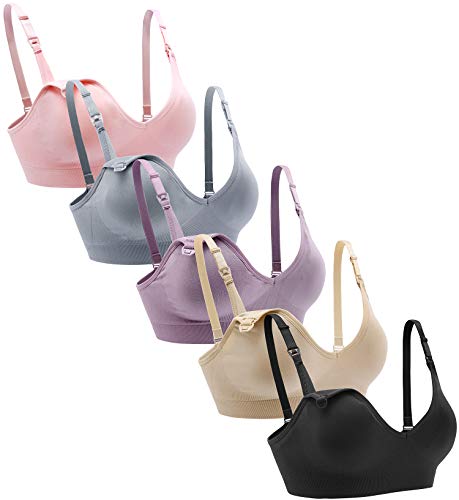 Suekaphin Nursing Bra 5pack Wireless V Neck Maternity Nursing Bra Bralette Low Cut Sleeping Breastfeeding with Extenders,Large,Black/Nude/Pink/Gray/PurpleBean