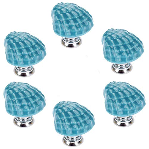 Joyindecor Ceramic Seashell Drawer Pulls Handles for Kitchen Cabinet Dresser Cupboard Wardrobe, Beach/Ocean Theme Knobs, Pack of 6 (Blue)