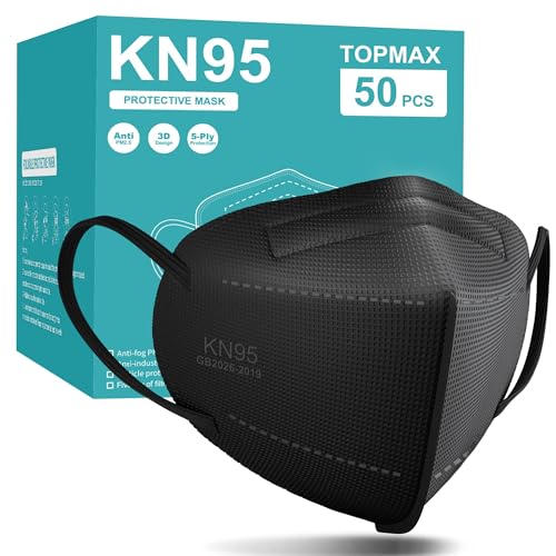TOPMAX KN95 Face Masks 50 Pack 5-Ply Breathable Filter Efficiency≥95% Protective Cup Dust Disposable Masks Against PM2.5 Black