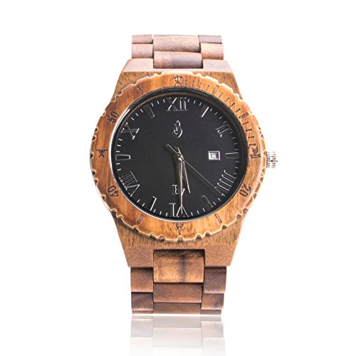 BEAN & VANILLA Wooden Wrist Watch for Men - Koa Wood/Sapphire Crystal Dial Window/Wood Watch Band/Analog Japan Movement - Includes Logo Stamped Box