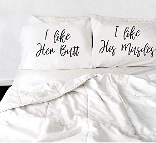Signatives I Like her Butt I Like his Muscles Pillow Cases - Couples Gifts - Printed Pillowcase - Wedding Gifts White Pillow Cover - Bedroom Decor - Set of 2 - Couples Pillowcases