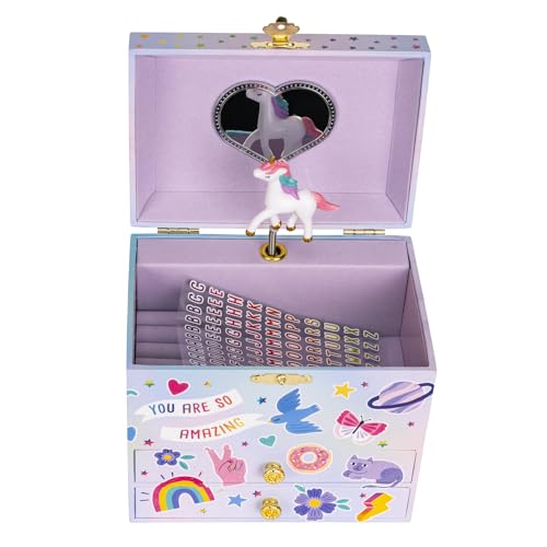 Jewelkeeper Sticker Musical Jewelry Box for Kids with 2 Pullout Drawers - Girls Unicorn Jewellery Box - Toddler Wind Up Play Toy Music Box - Children's Earring Storage Holder - 14.7x16.6x11.5 cm