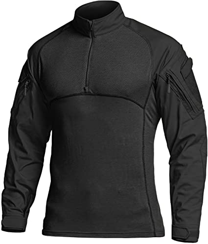 CQR Men's Combat Shirt Tactical 1/4 Zip Long Sleeve Military BDU Shirts Camo EDC Top with Pockets, Military Shirts Jet Black, Large