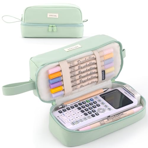 ANGOOBABY Big Capacity Large Pencil Case Canvas Pen Pouch Bag with 2 Compartments for Girls Boys Teen School Students Adults - Green